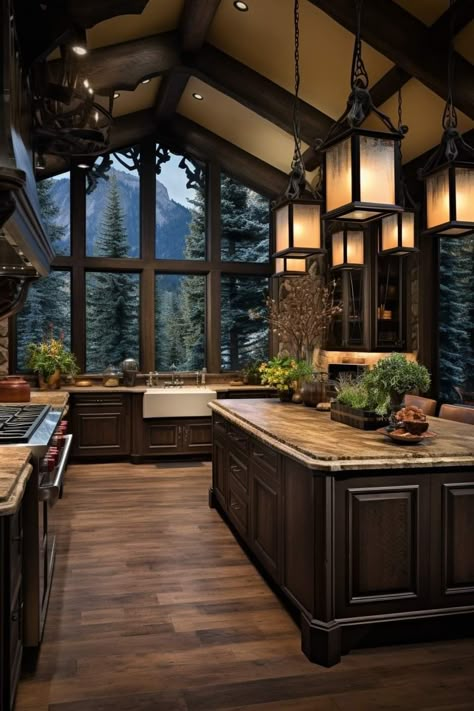 Wooden Modern House Interiors, Spacious House Interior, Luxury Cabin Aesthetic, Wood House Inside, Brown House Aesthetic Interior, Dream House Interior Kitchens Modern, Dark Brown House Interior, Cozy Wooden House Interiors, Houses With Character Interior