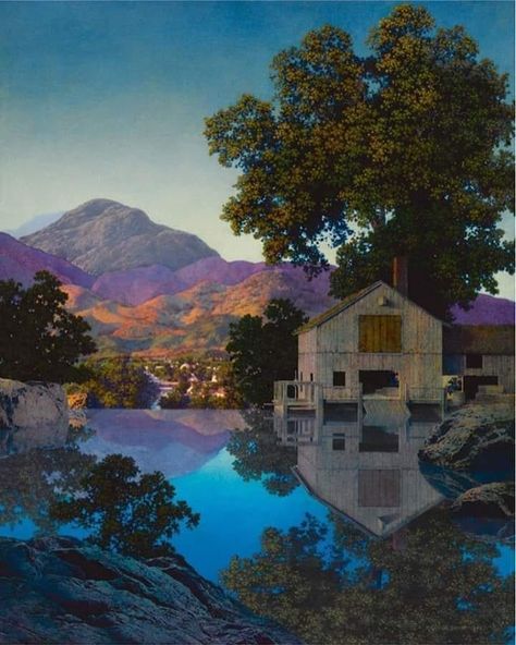 Maxfield Parrish, The Mill Pond, 1945 Private collection #maxfield #parrish #maxfieldparrish #mill #pond #millpond #themillpond #america… Maxfield Parrish, Richard Diebenkorn, Art Deco Print, Wow Art, Jackson Pollock, Caravaggio, Mini Canvas Art, William Morris, American Artists