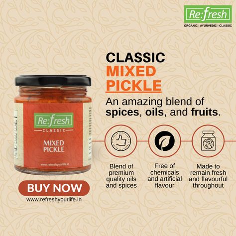 Refresh Mixed pickle is an amazing blend of spices, oils, and fruits. Every bite of this pickle titillates your taste buds and gives a distinct flavour. Falling in love with this sour, spicy, and hot condiment is a no-brainer. #Refresh #Classic #Pickle #Mixedpickle #tasty #achaar #yummy #delicious #spicy #healthyfood #healthylifestyle #RefreshYourLife #RefreshWellness Math Clock, Curd Rice, Mixed Pickle, Lemon Pickle, Drink Poster, Ad Ideas, Advertising Ideas, Design Moodboard, Party Snack