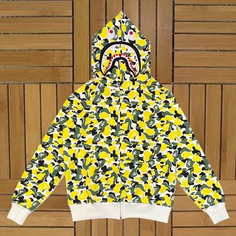 Bape Yellow Camo Shark Full Zip Parker Hoodie Bape Shirt, Yellow Camo, Champion Reverse Weave, No Tears, Colorful Hoodies, Camo, Men And Women, Brand New, Sweatshirts