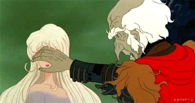 Cornered on a balcony of the castle, King Haggard confronts Amalthea and demands to know why her eyes reflect so strangely. He grabs at her face with his withered claw hands to get a better look, and terrifies Amalthea.HOW BAD IS IT?: It's aggressive and awful. She backs away and cowers, and as the viewer, we also feel the violation. King Haggard, Amalthea The Last Unicorn, Lady Amalthea, Last Unicorn, The Last Unicorn, Cabbages, Animation Film, Balcony, Most Beautiful