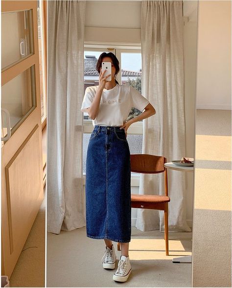 Envy Look Monica Denim Long Skirt | Denim for Women | KOODING | Moda discreta, Moda envangelica, Saias Korean Fashion 2023 Summer, Korean Clothing Style Summer, Korean Fashion For Summer, Long Maong Skirt Outfit, Korean Style Inspiration, Fashionable Summer Outfits, Korean Fashion Skirt Long, Korean Style For Summer, Korean Style Skirt Outfit