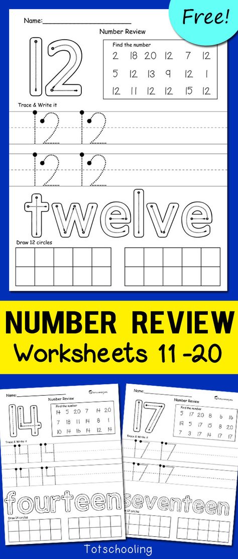 Number 11 Worksheet Kindergarten, 11-20 Worksheets Free, Teen Numbers Worksheet, Kindergarten Numbers Worksheets, 10-20 Worksheets, Numbers 11 20 Kindergarten, Kindergarten Math Free Printables, Write Numbers 1-20 Free Printable, Count By 10s Kindergarten Free Printable