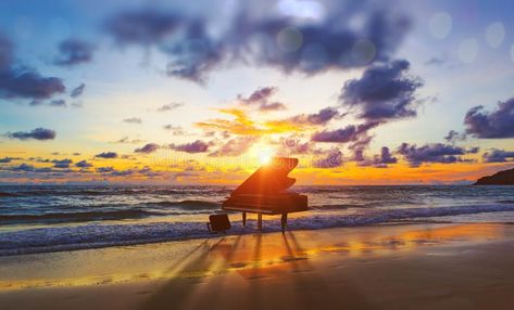 Music background.Melody and song concept in nature. Surreal image of grand piano in scenic sunset beach royalty free stock photo Music Images Background, Relaxing Songs, Music Background, Nature Background, Music Backgrounds, Music Images, Grand Piano, Background Music, Nature Backgrounds