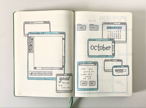 Computer theme bullet journal @amandarachlee Computer Bujo Theme, Journal Computer Theme, Computer Window Aesthetic, Computer Layout, Computer Window, Aesthetic Bullet Journal, 2024 Bujo, Computer Theme, Window Aesthetic