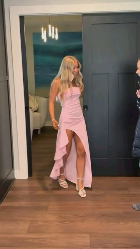 Pink prom dress || blonde || not mine Pink Prom Dresses Aesthetic, Hoco Dress Ideas, Hoco Inspo, Hoco Ideas, Cute Formal Dresses, Prom Dresses Long Pink, School Dance Dresses, Strapless Evening Dress, Cute Homecoming Dresses