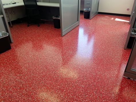 Red Epoxy w/ Gray Blend Flakes, Commercial Offices. An Epoxy Floor Coating Can Increase The Overall Brightness of a Space by 300%! Integrity Floor Coatings of Houston! 832-576-8034 Basement Flooring, Epoxy Floor, Commercial Office, Garage Floor, Finishing Basement, Amazing Gardens, Floor Coverings, Epoxy Resin, Ceramic Tiles