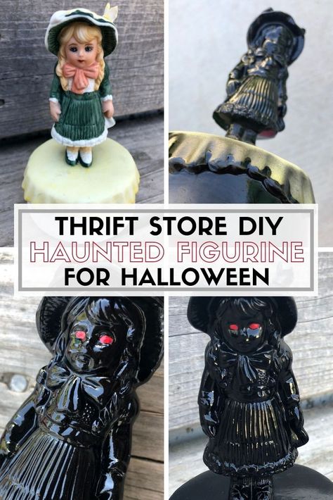 How to Make a Haunted Figurine for Halloween Decor! #diyhalloween #halloween #halloweendecor #halloweendiy #diy #halloweencraft Goth Crafts Diy, Halloween Home Decor Diy, Upcycle Halloween, Goth Crafts, Goth Diy Decor, Spooky Dolls, Paint Eyes, Gothic Crafts, Thrift Store Diy