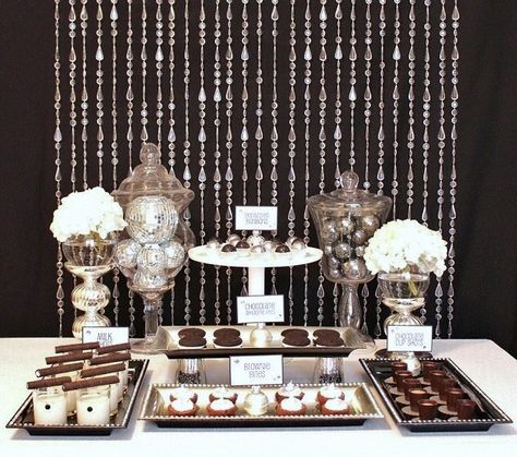 How to make a dessert bar.  I love the idea of varying heights by attaching the trays to something as simple as cups! Dessert Buffet Table, Dessert Party, Interior Vintage, Party Deco, Dessert Buffet, 60th Birthday Party, Beaded Curtains, Sweet Table, Cake Pop