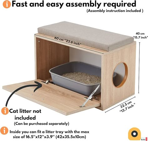 Versatile Cat Litter Box Enclosure 23.6'' (60cm) Wide, Hidden Cat Furniture & Dog House Indoor with Side Entry, Sonoma Oak Beige Entryway Bench with Cushion on Top : Amazon.co.uk: Pet Supplies Beige Entryway, Dog House Indoor, Hiding Cat Litter Box, Ikea Cat, Hidden Litter Boxes, Cat Furniture Design, Stylish Entryway, Bench With Cushion, Chat Diy