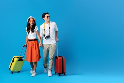 Young couple going for holidays with col... | Premium Photo #Freepik #photo #people Space Hat, Flamingo Float, Small Airplanes, Best Travel Insurance, Travel Credit Cards, Suitcase Bag, Travel Cards, Creative Background, Young Couple