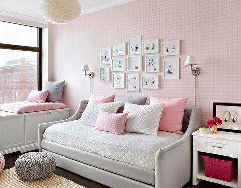 Pink Mist: Delicate + Dreamy Decor Ideas Girls Daybed Room, Girls Daybed, Daybed Bedroom, Daybed Room, Daybed Design, Pink Girl Room, Wall Colour, Upholstered Daybed, Twin Bedroom