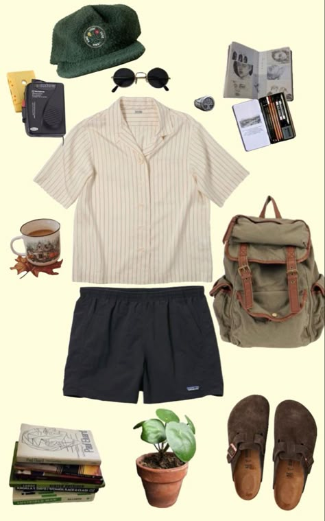 Men Vintage Outfits Summer, Crunchy Guy Outfits, Camping Outfits For Men Summer, Mens Thrifting Outfits, Summer 2023 Men Outfits, Summer Outfits Men Vintage, Summer Men Outfit Aesthetic, Summer Camp Outfits Men, Granola Summer Outfits Men