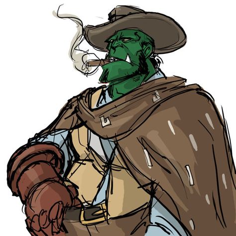 Half Orc Cowboy, Orc Cowboy, Orc Gunslinger, Augustus Sinclair, Gothic Dnd, Dnd Cowboy, Dnd Orc, Fantasy Western, Npc Ideas