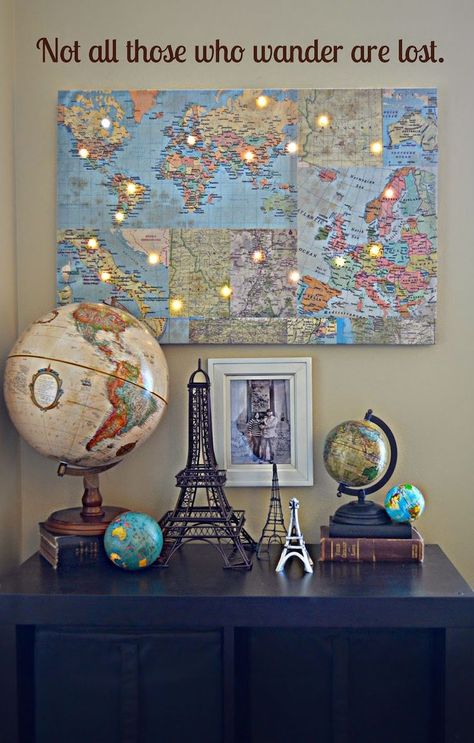 Light up world map by Hazel and Ruby. Click through for a roundup of 19 perfect DIY projects for travel lovers - all gorgeous, wanderlust-inspired and simple to make. Map Decor Ideas, Maps Room Decor, World Map Room Decor, Places Traveled Map Diy, World Map Pin Board Travel Wall Art, Travel Theme Classroom, Travel Room, Zimmer Diy, Travel Inspired Decor