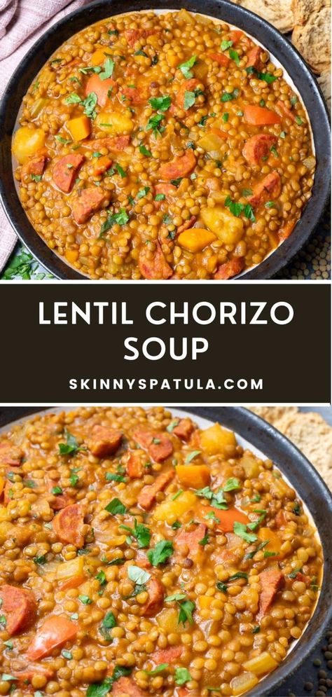 Lentil Chorizo Soup – Skinny Spatula Chorizo Soup, Quinoa Soup, Weekday Dinner, Dinner Inspiration, Hearty Soups, Easy Soup Recipes, Easy Soups, Nutritious Meals, Lentils