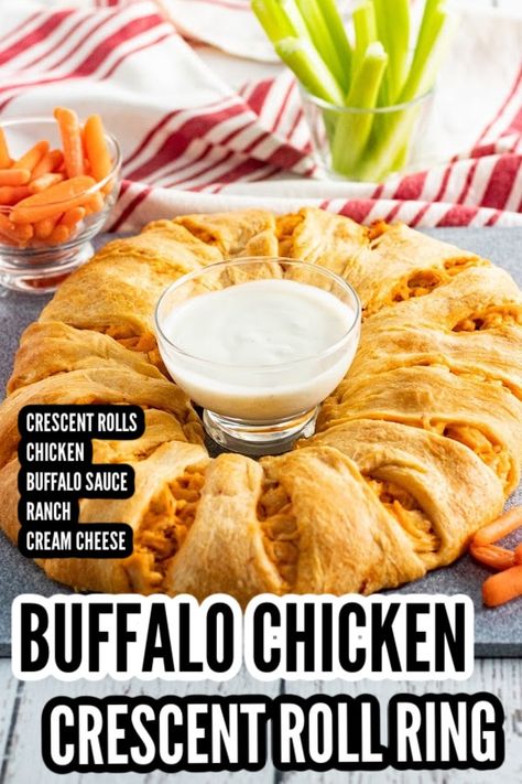 Buffalo chicken ring is made with a creamy buffalo chicken that is wrapped in a crescent roll ring and baked. A dinner or appetizer recipe. This is a simple and easy recipe that can be used with leftover shredded or diced chicken. Give this tasty crescent roll appetizer a try. #appetizer #crescentroll #buffalochicken #buffalo #spicy #easy #quick #appetizer #appetizerrecipe Buffalo Chicken Ring Crescents Recipe, Buffalo Chicken Crescent Ring, Buffalo Chicken Crescent Rolls, Buffalo Chicken Croissant, Crescent Roll Recipes Chicken, Buffalo Chicken Puff Pastry, Crescent Roll Ring Recipes, Buffalo Chicken Crescent, Buffalo Chicken Ring