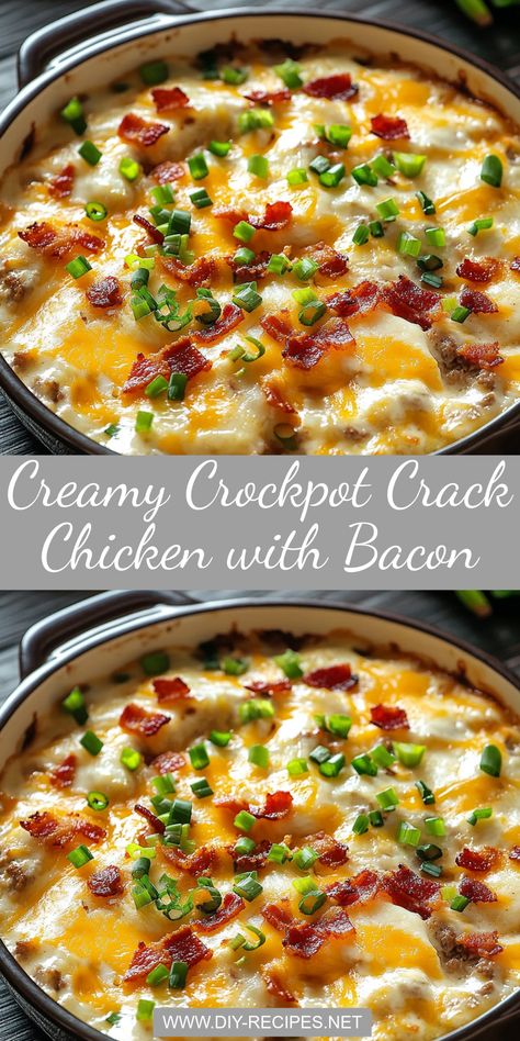 Enjoy a creamy and cheesy meal with this crack chicken recipe. Slow-cooked with ranch seasoning, cheddar, and bacon for maximum flavor! Crockpot Recipes Chicken Bacon Ranch, Crockpot Recipes Shredded Chicken, Chicken Bacon Ranch Potato Crockpot, Fast And Easy Keto Dinners, Cheesy Ranch Chicken Crockpot, Chicken Bacon Ranch Crockpot Recipes, Crockpot Chicken And Hashbrown Recipes, Slow Cook Chicken Breast Recipes, Cheesy Chicken Crockpot Recipes