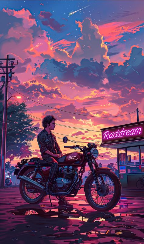 Anime art of a rider on a vintage motorcycle at sunset with pink and purple skies. Japanese Town, Garage Art, Motorcycle Art, Cool Wallpapers Art, Bike Art, Sky Art, Royal Enfield, Anime Scenery Wallpaper, Scenery Wallpaper