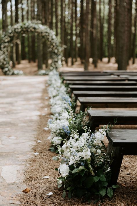 Wedding Ceremony Pine Trees, Forest Aisle Wedding, Blue Forest Wedding Theme, Forest Wedding Blue, Pine Forest Wedding Ceremony, Neutral Pine Wedding Ideas, Black And White Forest Wedding, Earthy Wedding Arch, Wedding In Pine Trees