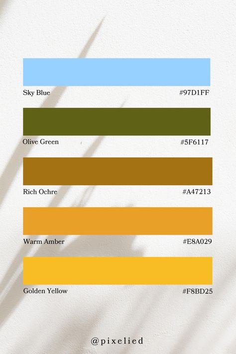 This color palette features golden yellow, warm amber, rich ochre, olive green, and light sky blue. These colors blend the warmth of golden tones with the refreshing coolness of blue, creating a balanced and inviting scheme perfect for dynamic yet harmonious designs. Ochre Color Palette, Color Scheme Generator, Earth Colour Palette, Tone Color Palette, Ochre Color, Earth Tone Color Palette, Color Generator, Flip Image, Blur Image