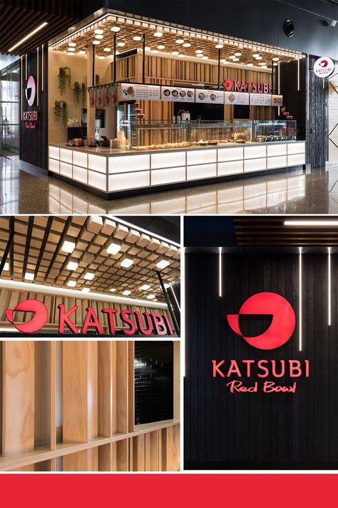 Modern and bold food court tenancy design with back-lit profiles and LED strips highlighting the food displays. The interior design was carefully considered to keep within brand with various use of joinery, feature wall and ceilling - reminiscent of modern Japanese design. Japanese Kiosk Design Sushi, Japanese Food Kiosk Design, Japanese Food Court Design, Japanese Kiosk Design, Food Court Counter Design, Foodhall Design, Cafe Kiosk Design, Food Court Design Ideas, Japanese Kiosk