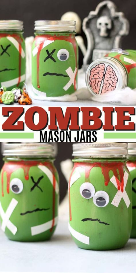 Fill these zombie mason jars with toys for a candy-free Halloween party favor. Or, just use them to decorate your house for Halloween! #zombie #masonjars #halloween #halloweendecor #halloweencrafts #halloweenparty Zombie Craft, Zombie Crafts, Mason Jar Craft, Spooky Halloween Crafts, Halloween Jars, Recycled Crafts Kids, Rainy Day Crafts, Halloween Zombie, Halloween Diy Crafts