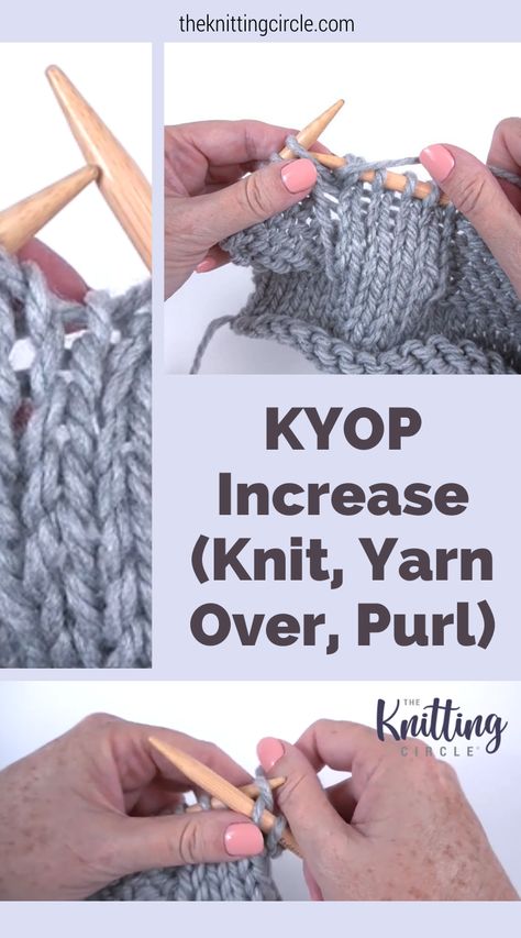 The KYOP (Knit, Yarn Over, Purl) Increase is a double increase that is commonly used when a project has a textured stitch pattern that involves working knits and purls on the Right Side of the piece. It’s sometimes used in cable and lace patterns as well. In this video, Mary Beth Temple demonstrates how to work this increase. How To Increase Knitting Stitches, Yarn Over In Knitting How To, Joining Knitting, Purl Knitting, Knit Stitch Patterns Cables, Knitting Circle, Knit Wrap Pattern, Christmas Knitting Projects, Tutorial Knitting