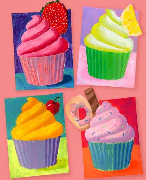 Shading Art Projects Elementary, Food Art Elementary, Cupcake Art Project, Food Themed Art Projects For Kids, Tints And Shades Art Lesson, Wayne Thiebaud Art Lesson, Color Art Lessons, 3rd Grade Art Lesson, Cupcake Painting