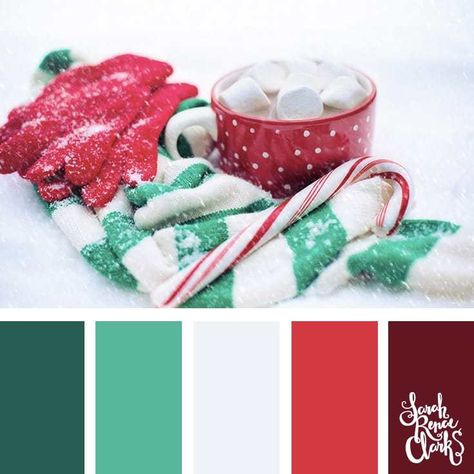 Sweet hues // Christmas Color Schemes // Click for more Christmas color palettes, mood boards and color combinations at https://sarahrenaeclark.com #color #colorscheme #colorpalette Christmas Color Swatches, Peppermint Color Palette, Christmas Color Palette Colour Schemes, Modern Christmas Color Palette, Christmas Imagery, Christmas Color Schemes, Xmas Color, Christmas Palette, Christmas Colour Schemes