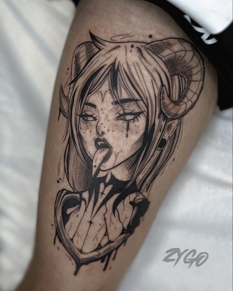 Demon Horns Tattoo, Satanic Tattoo Demons, Horned God Tattoo, Demon Lady Tattoo, Devil Girl Tattoo, Demon Girl Tattoo, Demonic Tattoos, Incubus Tattoo, Angel Demon Tattoo