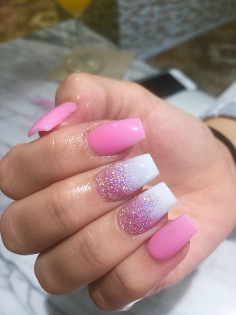 Short Coffin Gel Nail Designs, Pink Ambra Acrylic Nails, White And Pink Sparkle Nails, Pretty In Pink Nails, Barbie Toenails, Pink Bachelorette Nails, Barbie Theme Nails, Barbie Theme Outfit, Barbie Themed Nails