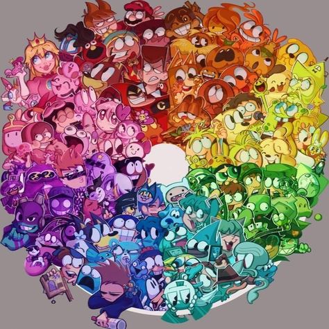 Cartoon Crossovers Fandoms, Fandom Crossover Fanart, Cartoon Crossovers Fanart, Blue Characters Cartoon, Cutesy Art Style, Orange Characters, Purple Characters, Brown Characters, Color Characters