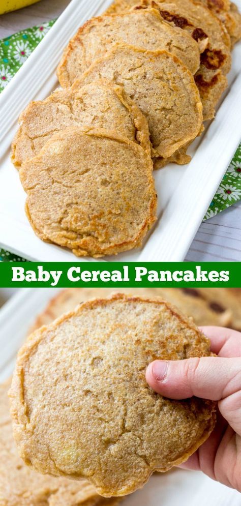 A healthy breakfast or snack, these easy Baby Cereal Pancakes make use of common baby foods that often end up going to waste. They’re a perfect first food, or finger food, for hungry babies & toddlers. Something you can feel good about serving, and something they’ll love eating! via @4sonrus Baby Cereal Pancakes, Baby Oatmeal Cereal, Baby Food Breakfast, Cereal Pancakes, Banana Baby Food, Toddler Recipes, Baby Cereal, Baby Foods, Baby Finger Foods