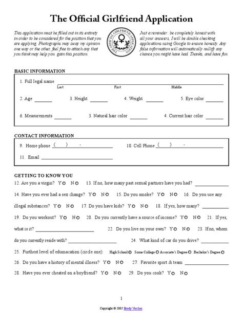 Girlfriend Application from http://www.sixgunsblazing.com Girlfriend Application Form, The Official Girlfriend Application, Best Friend Application, Girlfriend Application, Boyfriend Application, Funny Certificates, Friend Application, Funny Lists, Girlfriend Humor