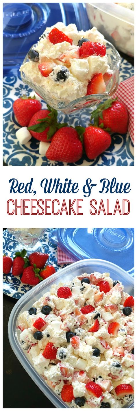 Red, White & Blue Cheesecake Salad! This berry cheesecake dessert is perfect for Memorial Day and 4th of July with strawberries, blueberries and cream cheese filling. Red White Blue Cheesecake, Desserts Potluck, Red White And Blue Cheesecake, Chocolate Layer Dessert, Blue Cheesecake, Leonard Fournette, South Your Mouth, Cheesecake Salad, Icebox Desserts