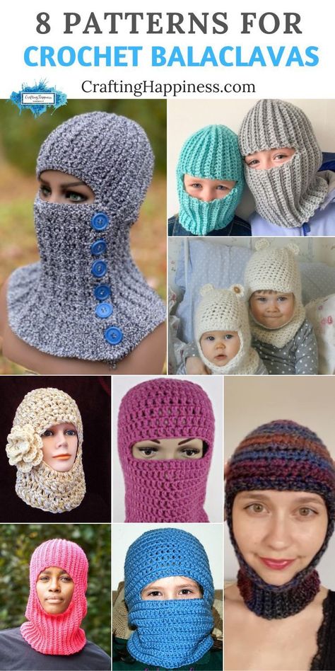 8 Crochet Balaclava Patterns For Kids and Adults with direct links and credit to the designers. Curated by Crafting Happiness. Crochet Ski Mask Free Pattern, Balaclava Free Pattern, Balaclava Crochet Pattern Free, Crochet Hooded Scarf Pattern Free, Ski Hat Crochet, Balaclava Crochet Pattern, Crochet Ski Mask, Crochet Hooded Scarf Pattern, Balaclava Crochet