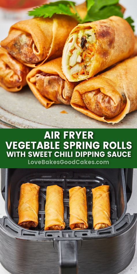 Air Fryer Vegetable Spring Rolls pin collage Homemade Spring Rolls Air Fryer, Fried Veggie Spring Rolls, Air Fry Spring Rolls Recipe, Spring Roll Air Fryer Recipes, Spring Rolls Air Fryer Recipe, Vegetable Spring Rolls Air Fryer, Air Fryer Spring Rolls Recipe Rice Paper, Air Fry Spring Rolls, Air Fryer Spring Rolls Rice Paper