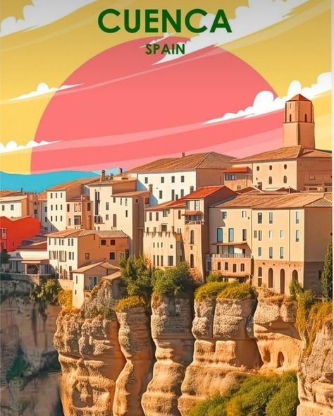 #cuenca Travel Signs, Architectural Paintings, Cuenca Spain, Vacation List, Europe City, City Cartoon, Poster Travel, Architecture Painting, Travel Illustration