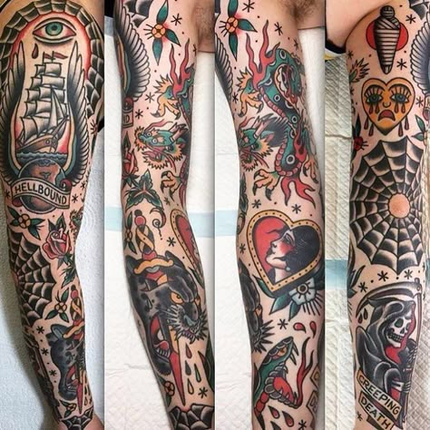 Traditional Tattoo Leg Sleeve, Old School Sleeve, Old School Tattoo Sleeve, Traditional Tattoo Filler, American Traditional Sleeve, Traditional Tattoo Man, Traditional Hand Tattoo, Tattoo Sleeve Filler, Traditional Tattoo Inspiration