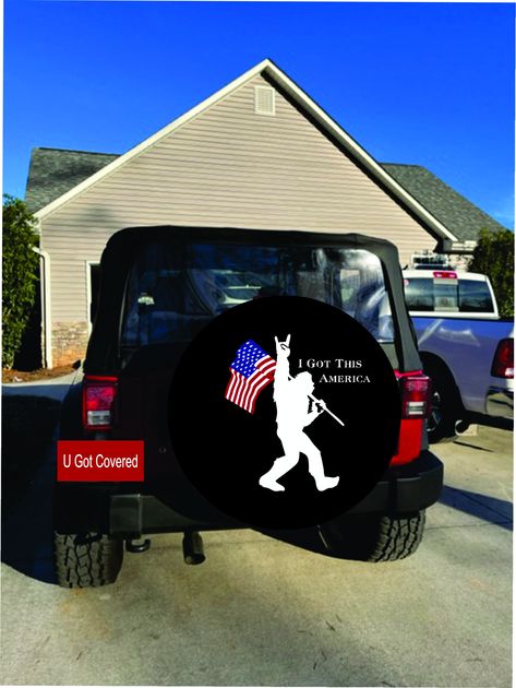 Ford Bronca Bronco Sasquatch - I Got This America - U.S. Made Spare Tire Cover -Bronco/Jeep/Rv can be Camera Ready or not - High Endurance Heavy Outdoor Marine Grade Vinyl Spare Tire Cover. If you are unsure what size is installed on the vehicle please check the size as listed on the tire sidewall.  Then e-mail me with the information and i will tell you what size you need to order.  You can also use the online tire calculator  https://tiresize.com/calculator/ If you order the wrong size you wil Bronco Sasquatch, Bronco Jeep, Spare Tire Covers, Tire Cover, Ford Bronco, Spare Tire, I Got This, Car Parts, Car Accessories