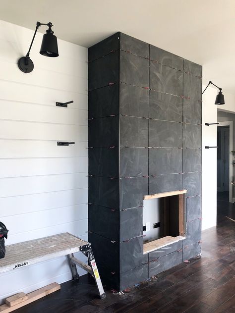 Diy Fireplace Wall, My Husband Is Amazing, Tiled Fireplace Wall, Black Fireplace Wall, Bathroom Curtains Ideas, Diy Ninja, Fireplace Walls, Tall Fireplace, Black Fireplace