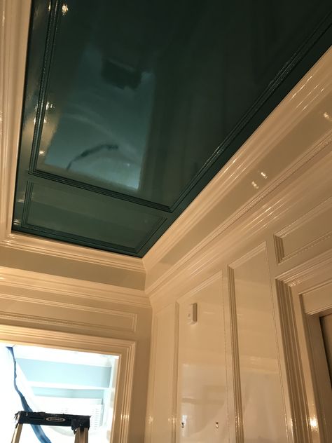 This ceiling and walls painted in our glacé finish using Fine paints of Europe add a spark to this area Shiny Ceiling Paint, Shiny Paint Walls, Painted Cove Ceiling, Laquer Painted Walls, Glossy Ceiling Paint, Glossy Wall Paint, Lacquered Entryway, High Gloss Walls, Sparkle Ceiling