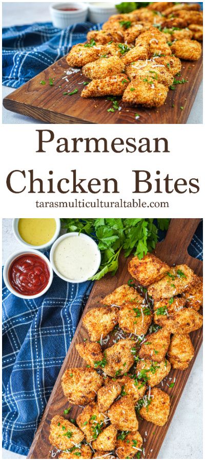 Parmesan Chicken Bites on a wooden board next to ketchup, cheese sauce, and honey mustard. Garlic Parmesan Chicken Bites (air Fryer), Chicken Parmesan Bites Air Fryer, Breaded Parmesan Chicken, Pan Fried Chicken Bites, Panko Chicken Bites, Parmesan Crusted Chicken Bites, Oven Baked Chicken Bites, Chicken Parm Bites, Breaded Chicken Bites