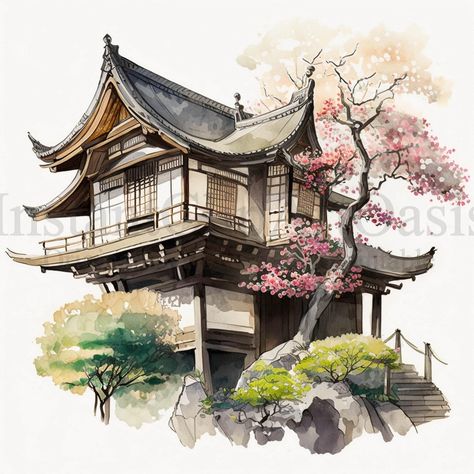 Japanese House Clipart 10 High Quality Jpgs Watercolor Art - Etsy Canada Japanese House Watercolor, Drawing Japanese House, Japanese Houses Drawings, Traditional Japanese House Drawing, Japanese Building Art, Japan House Drawing, Buildings Aesthetic Drawing, Japanese House Sketch, Buildings Japanese