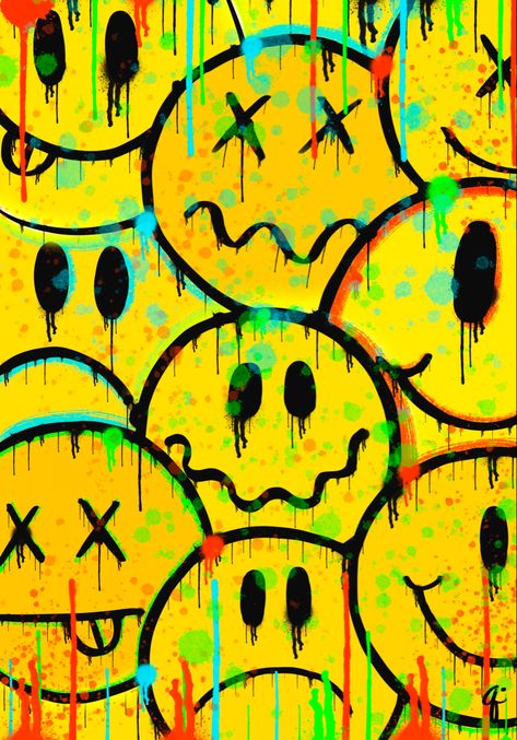 90s Painting Ideas, Emoji Artwork, Smiley Face Art, Smiley Art, Drippy Smiley Face, Frowny Face, Trippy Patterns, Wallpaper Iphone Boho, Sublimation Ideas Projects Inspiration