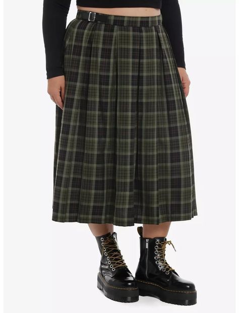 Thorn & Fable Green Plaid Midi Skirt Plus Size Green Gingham Skirt, Cabin Closet, Plus Size Dark Academia, Hobbit Fashion, Midi Skirt Plus Size, Goth Cottagecore, Plus Size Hot, Plaid Midi Skirt, Plus Size Skirt