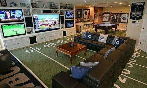 NFL basement Man Cave Loft, Sports Memorabilia Room, Sports Room Man Cave, Man Cave Ideas Sports, Basement Sports Bar, Sports Memorabilia Display, Classy Man Cave, Room Ideas Men, Football Man Cave