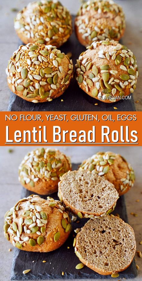 Swap regular bread for quick and easy, wholesome, high-fiber, protein-rich lentil bread rolls. They’re soft, slightly chewy, crusty, and free from flour, grains, gluten, eggs, dairy, yeast, oil, and sugar! Lentil Bread Recipe, Lentil Bread, Ella Vegan, Fiber Bread, Yeast Free Breads, Grain Free Bread, Dried Lentils, Protein Bread, Vegan Main Dishes