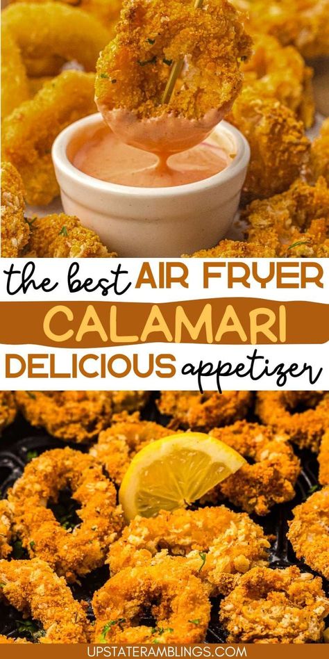 Air Fryer Calamari is crispy, delicious calamari that's easy, affordable, and healthier than deep-fried.  Enjoy restaurant-quality results at home, minus the mess and expense. Frozen Calamari In Air Fryer, Airfryer Calamari Recipes, Air Fryer Calamari Rings, Calamari Recipes Air Fryer, Fried Calamari Recipe Easy, Airfryer Calamari, Air Fryer Calamari, Fried Calamari Recipe, Instant Pot Sous Vide